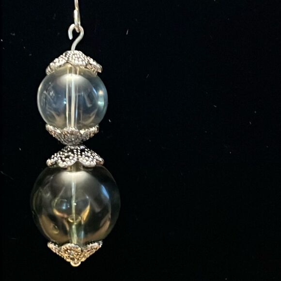 Handcrafted silver tone earrings with clear and green beading - Picture 2 of 3